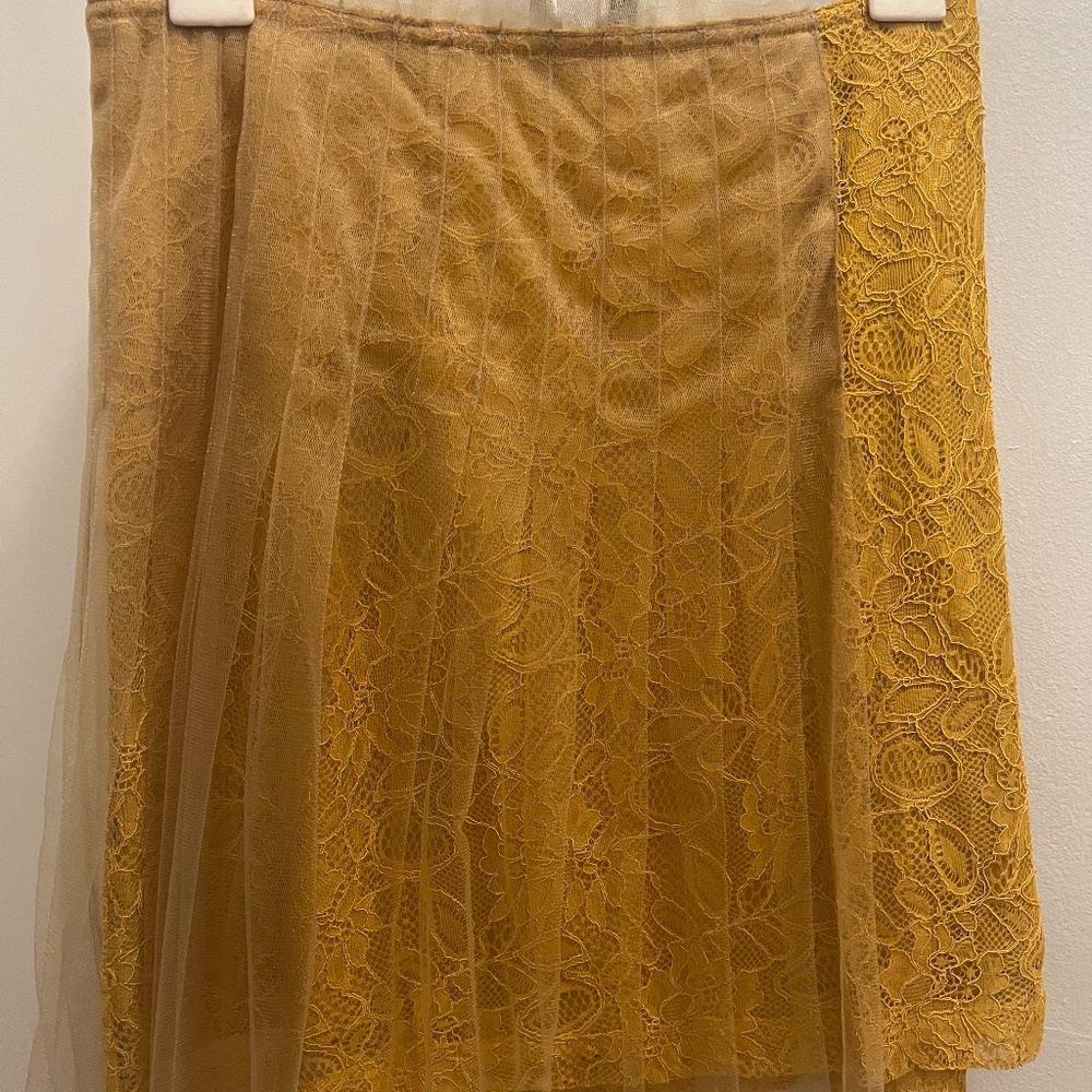 Mustard Lace Skirt with Pleated Sheer Overlay